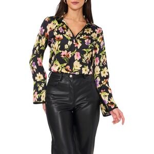 Vince Camuto Womens Floral Long Sleeve Split Neck Blouse Top Black XS NWT
